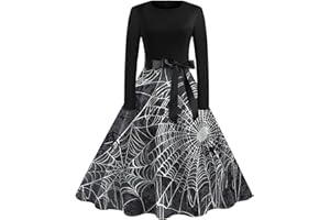 GENERIC Womens Long Sleeve Dress Fashion Halloween Printed Fall Round Neck Trendy Flare 2024 Waist Tie Loose Comfy Dresses