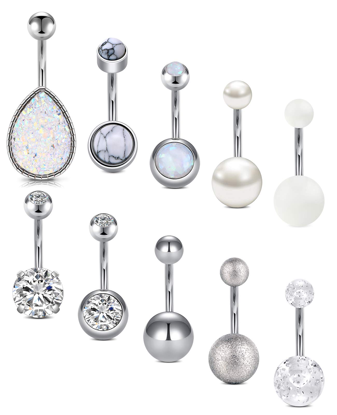 AceFun Belly Bar,14G Waterdrop Belly Button Rings Stainless Steel Navel Piercing with CZ Opal for Girl Women 10Pcs Body Piercing Jewelry