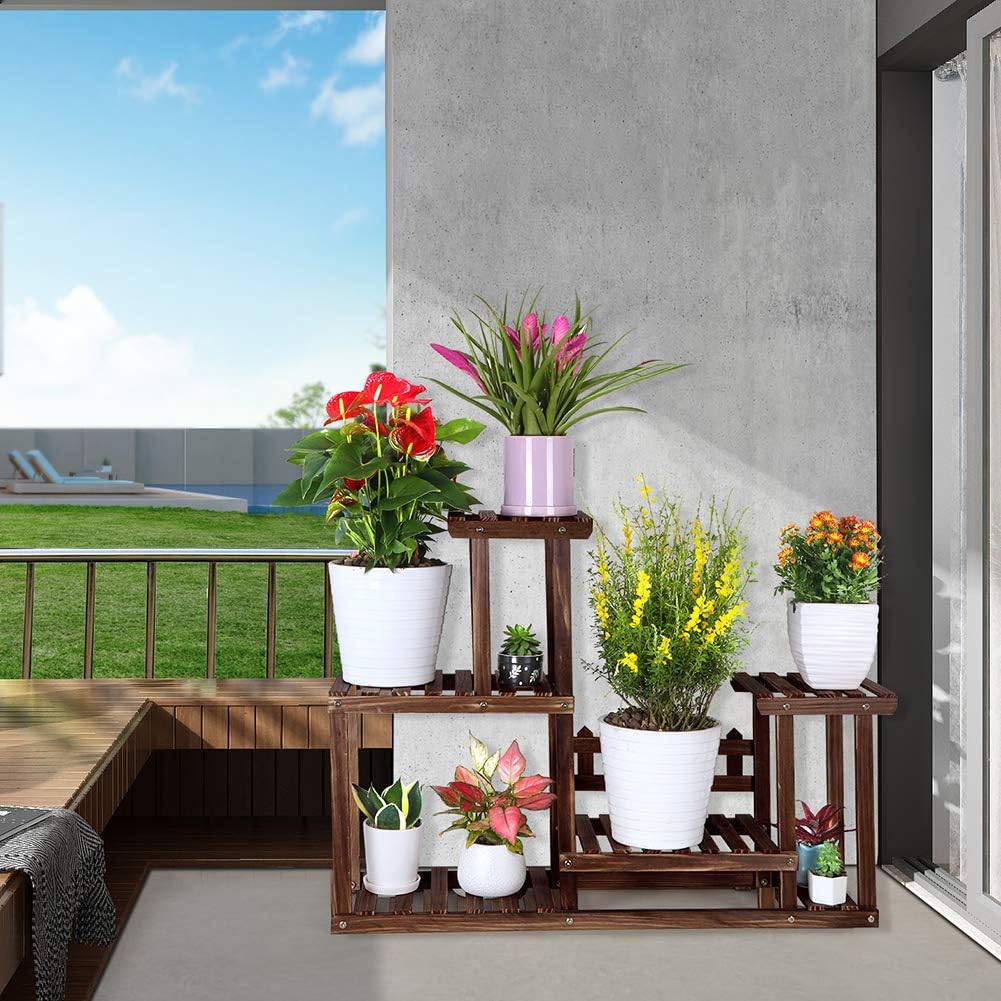 Foldify Pine Wood Plant Stand Indoor Outdoor Multiple Flower Pot Holder Shelf Rack Higher and Lower Planter Display Shelving Unit in Garden Balcony Patio Living Room(7-9 Flowerpots) : Garden & Outdoor