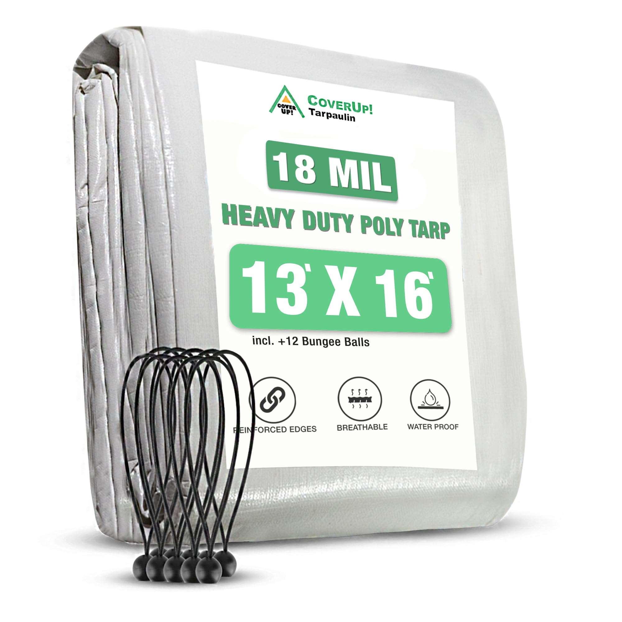 CoverUp! Tarpaulin 4 x 5 m [200 g/m2] & 10 Bungee Cords, cover tarpaulin waterproof with eyelets for garden furniture, pool, car, truck, waterproof & tear-resistant protective tarpaulin heavy duty