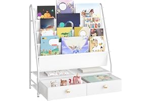 MAHANCRIS Kids Bookshelf, 4 Tier Toddler Bookshelf, Kids Sling Book Rack with 2 Fabric Drawers, Storage Nursery Book Shelf fo