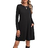 Baggyfly Women's Casual Long Sleeve Dresses Crew Loose Fall Waist Pleated Long Dress Knee Length Basic Dress with Pockets