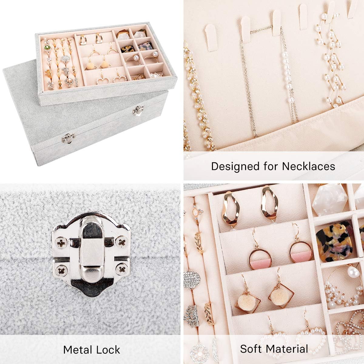 Mebbay Two Layer Velvet Jewelry Box Organizer Display Storage Case with Lock for Necklace Stud Earrings Bracelets Rings (Grey): Home Improvement