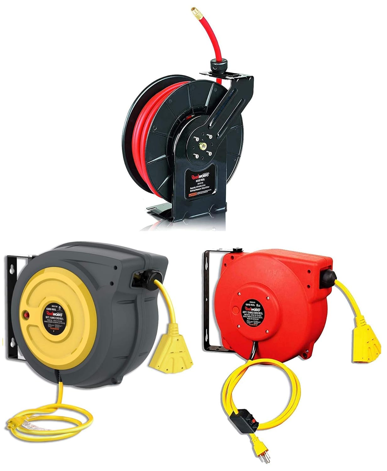 ReelWorks Air Hose Reel 3/8"x50' & Extension Cord Reels 14AWGx50