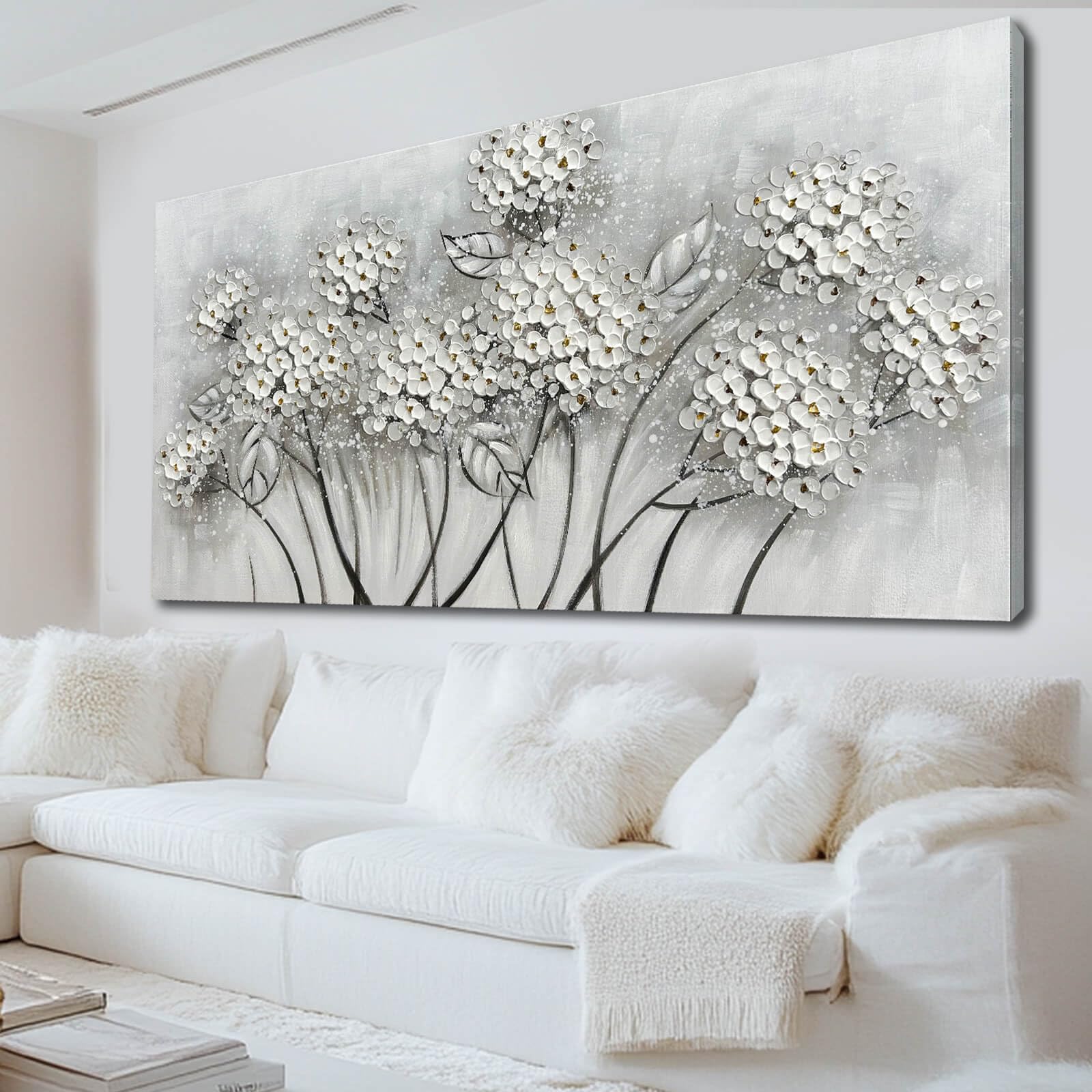 Photo 1 of ** NEW** SOUGUAN Large Oil Painting Flowers Wall Art Plant Wall Decor Pictures for Bedroom White Flower Canvas Wall Decorations Artwork for Living Room Dinning Room Home Office 30 x 60 Inch