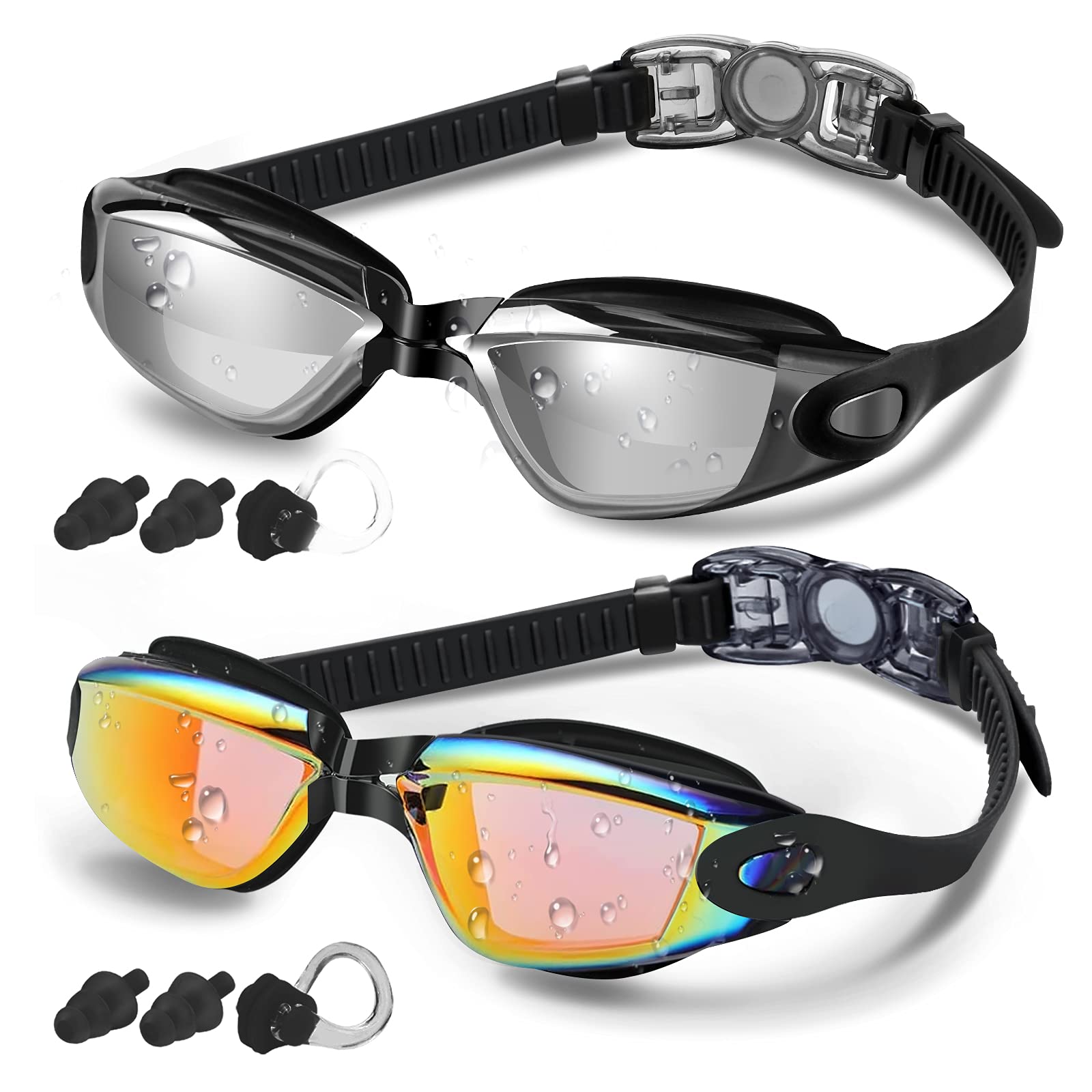 COOLOO Swimming Goggles, 2 Pack Swim Goggles for Adult Men Women Youth Kids 8+, Anti-Fog UV Protection No Leaking Nose Clip and Earplugs