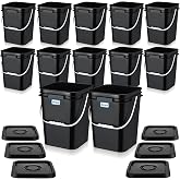 Vesici 12 Pcs 5 Gallon Square Bucket Pail with Plastic Handle Lid, Black | Heavy Duty Storage, Food Container with DIY Label Sticker, for Food Multipurpose Paint Water Crafts Project
