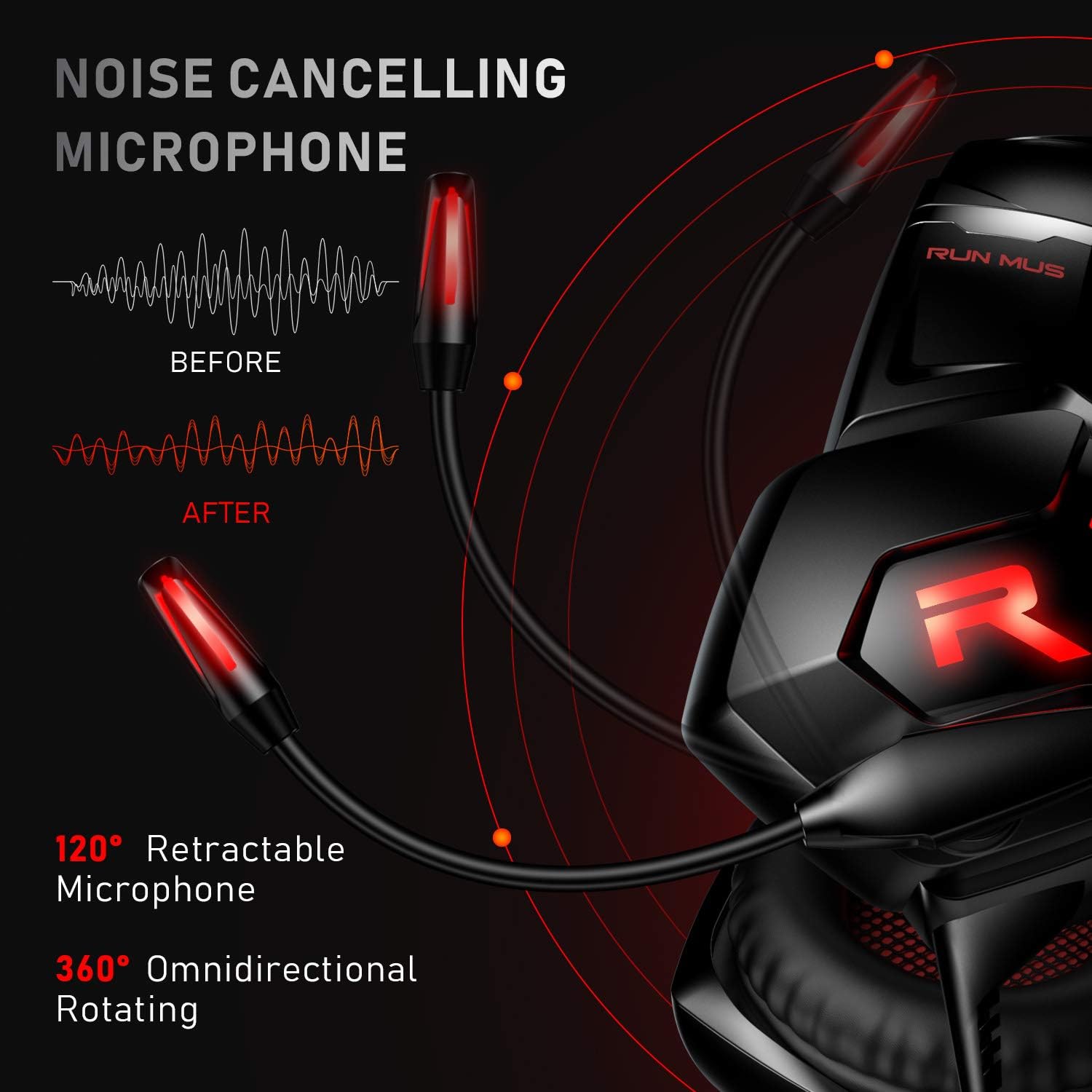 RUNMUS Gaming Headset Xbox One Headset PS4 Headset with 7.1 Surround Sound Noise Cancelling Mic & LED Light, Compatible with Xbox One (Adapter Not Included) PS4 PC Laptop: Computers & Accessories