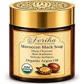 FERIHA Moroccan Black Soap with Organic Argan Oil, Made in Morocco, 7 oz