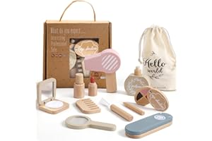OESSUF Wooden Makeup Toy Sets for Girls, Toddlers Fake Makeup Kit, Pretend Wood Beauty Salon Toys for Kids Little Girls Princess, Christmas Birthday Gift Toy for 3 4 5 6 7 8 9 10 Year Old