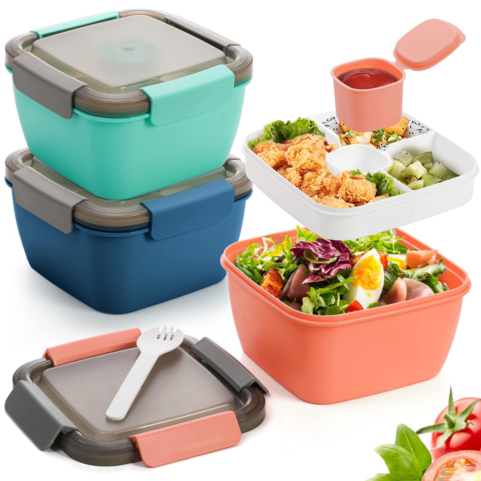 YOUEON 3 Pack 1500 ml Salad Lunch Container to Go with 3 Compartment Tray, Bento Lunch Box with Spoon, Dressing Cup, Portable Salad Container for Lunch, Snacks, Fruits, 3 Colors