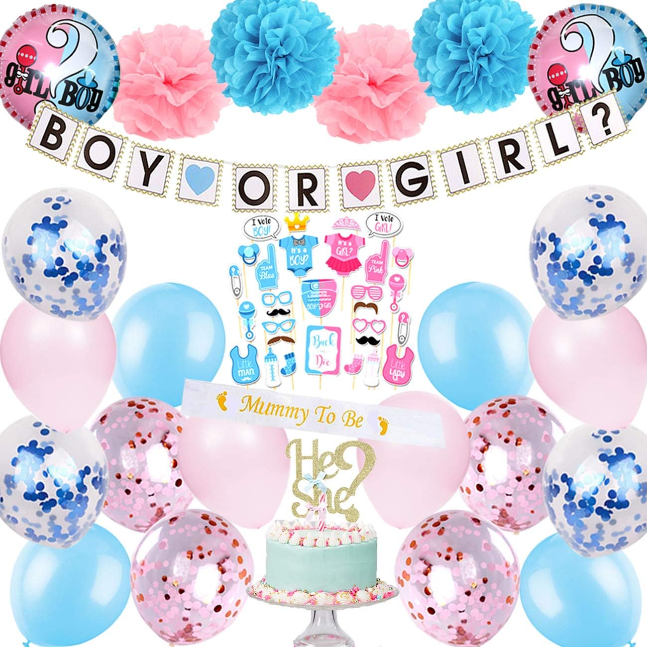 FANSUNY Gender Reveal Party Supplies-Baby Shower Decorations-Pom Poms-Blue & Pink Confetti Balloons-Photo Props-Boy or Girl Banner-Cupcake Toppers-Foil Balloons-Mommy To Be Sash