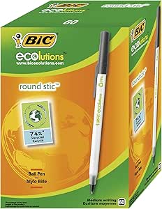 BIC Round Stic ECOlutions bolígrafos de punta media (1,0 mm) – Negro, Caja de 60 unidades