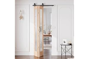 CEAKIAN Preassembled Bifold Barn Door 30 x 84 in (Double 15x84in) with Bi-fold Door Hardware Kit, Frosted Glass Cross Transparent, Pre-Drilled Holes, French Glass Doors, Wood Slat, Fit 30in Opening