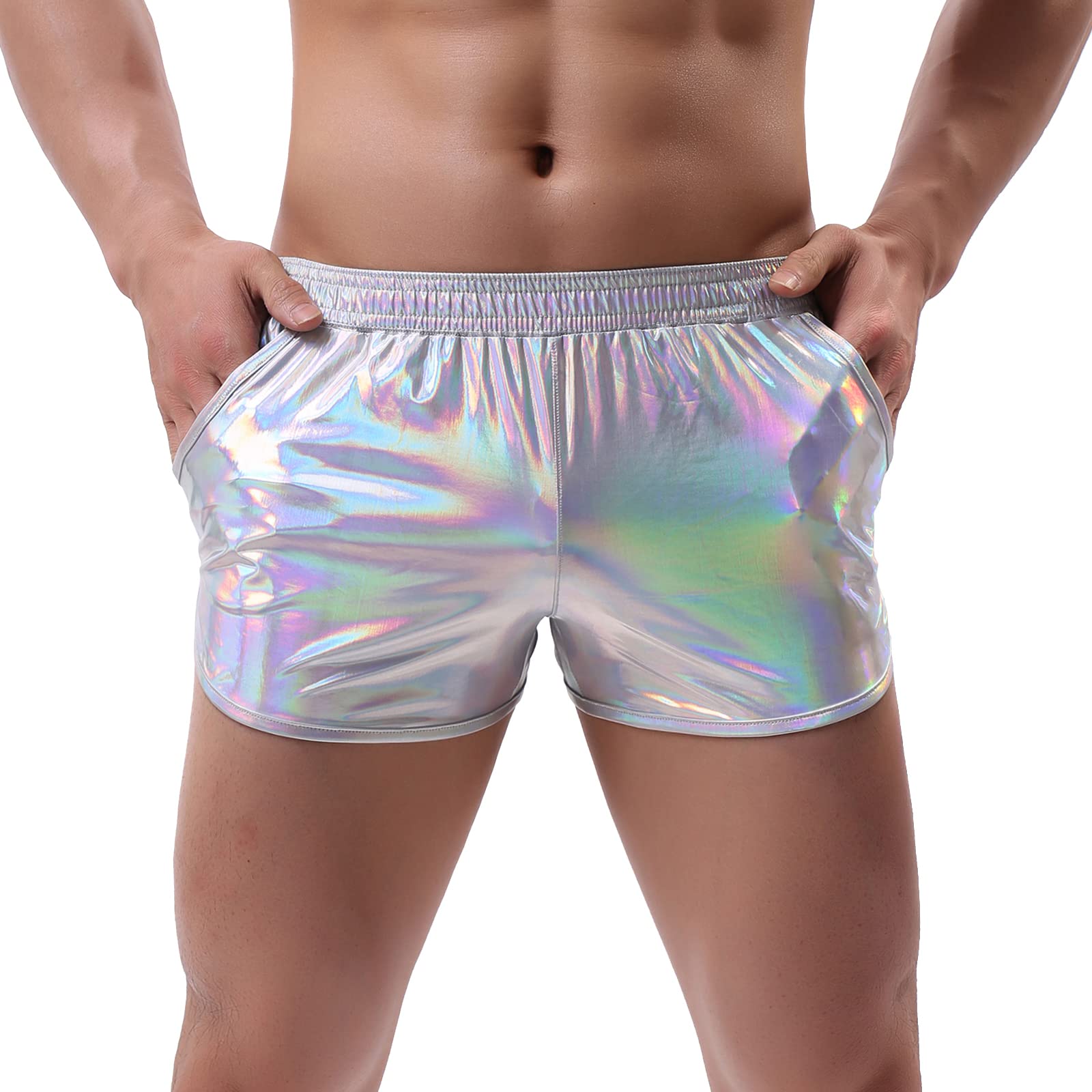Photo 1 of AMY COULEE Mens Metallic Shorts Sexy Shiny Shorts Sparkly Rave Outfit Holographic Booty Short Pants with Pockets (M, Light Silver)