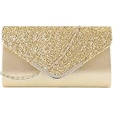 Queena Womens Shiny Glitter Evening Clutch Envelope Handbag Chain Purse for Wedding Party Prom Gift for Mom Wife Girlfriend,Gold