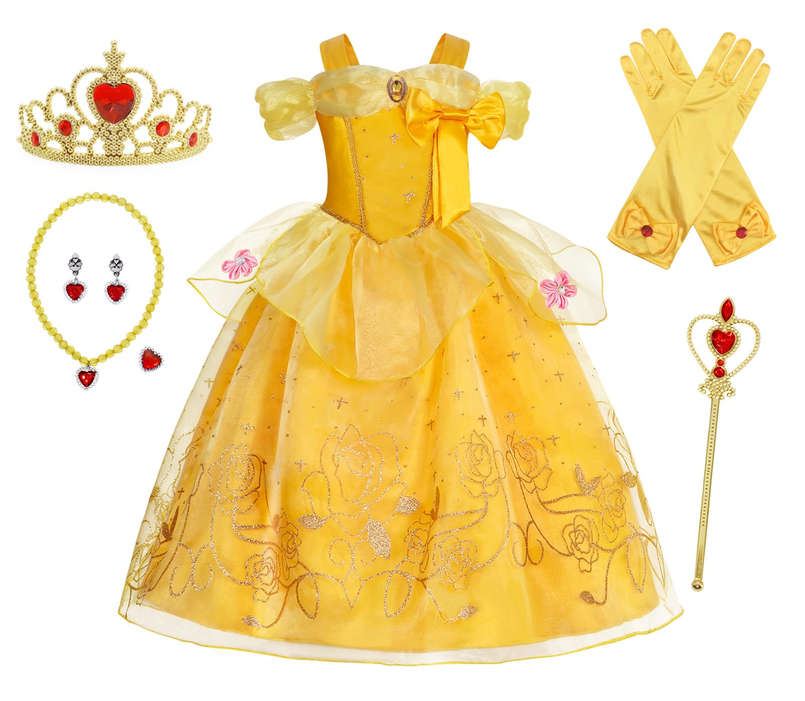 Berich Princess Dress up for Girls Yellow Fancy Dress World Book Day Costumes Halloween Christmas Outfit Princess Costume 8-9 Years(Yellow,140)