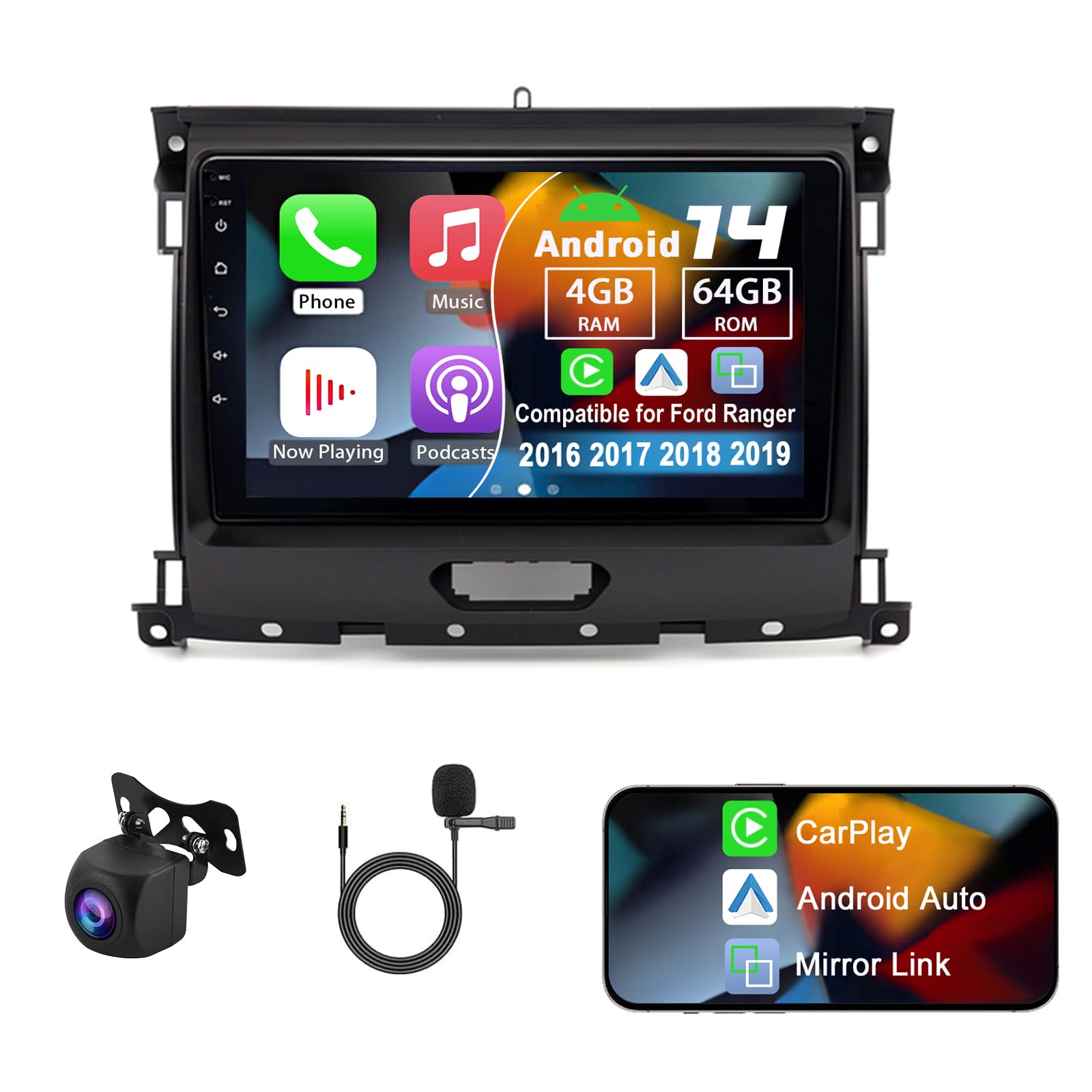 Photo 1 of Slakerbe Android 14 Double Din Car Radio Compatible with Ford Ranger 2016-2019, 4G+64G 9" Touch Screen Car Stereo with Wireless Carplay Android Auto GPS WiFi Mic Backup Camera