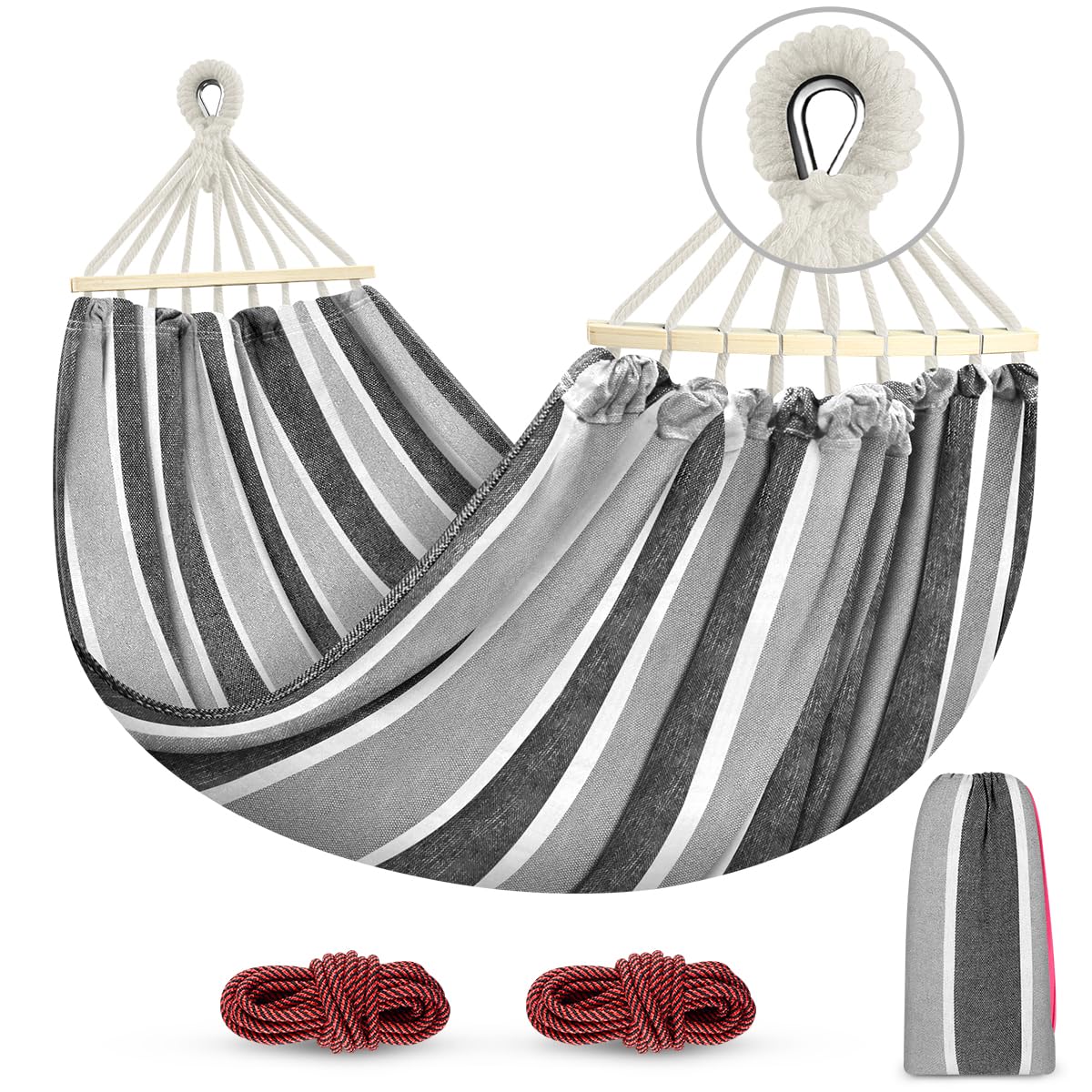 MOSFiATA 285x155cm Hammock with Spreader Bars, Camping Hammock Outdoor, with Thickened Durable Canvas Fabric and Sturdy Metal Knot, 550 lb Load Capacity, for Backyard, Garden (Grey White)