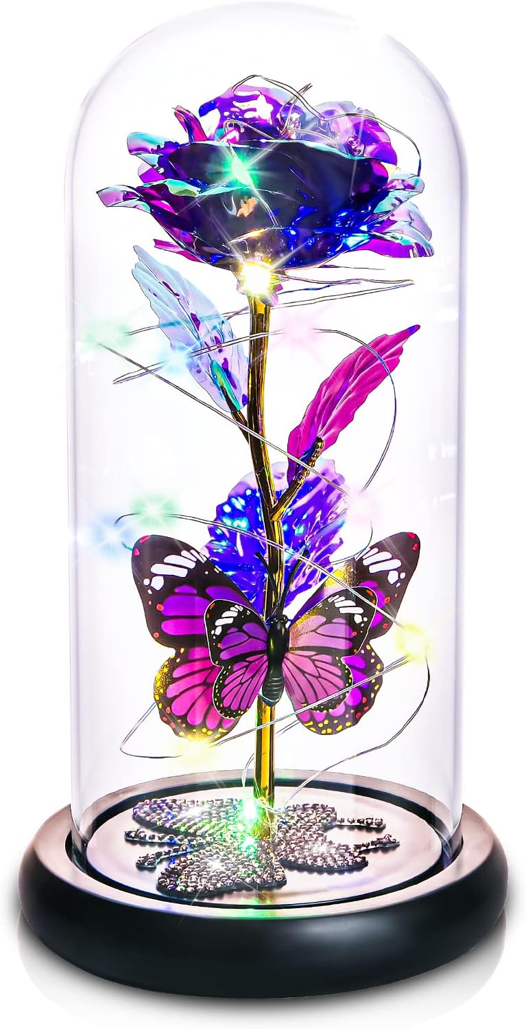 Dried & Preserved Flora - DEEMEI Rose Flower Gifts for Women, for Women,Birthday Gifts for Mom,Galaxy Purple Rose Gift for Xmas Crystal Flowers Light Up Rose in Glass Dome for Her