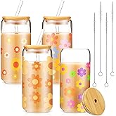 Cunhill 4 Pcs Daisy Iced Coffee Cup Valentines Glass Cups with Bamboo Lid and Straw 16oz Glasses Beer Can Cup Coworker Gift for Teacher Women Employee Birthday