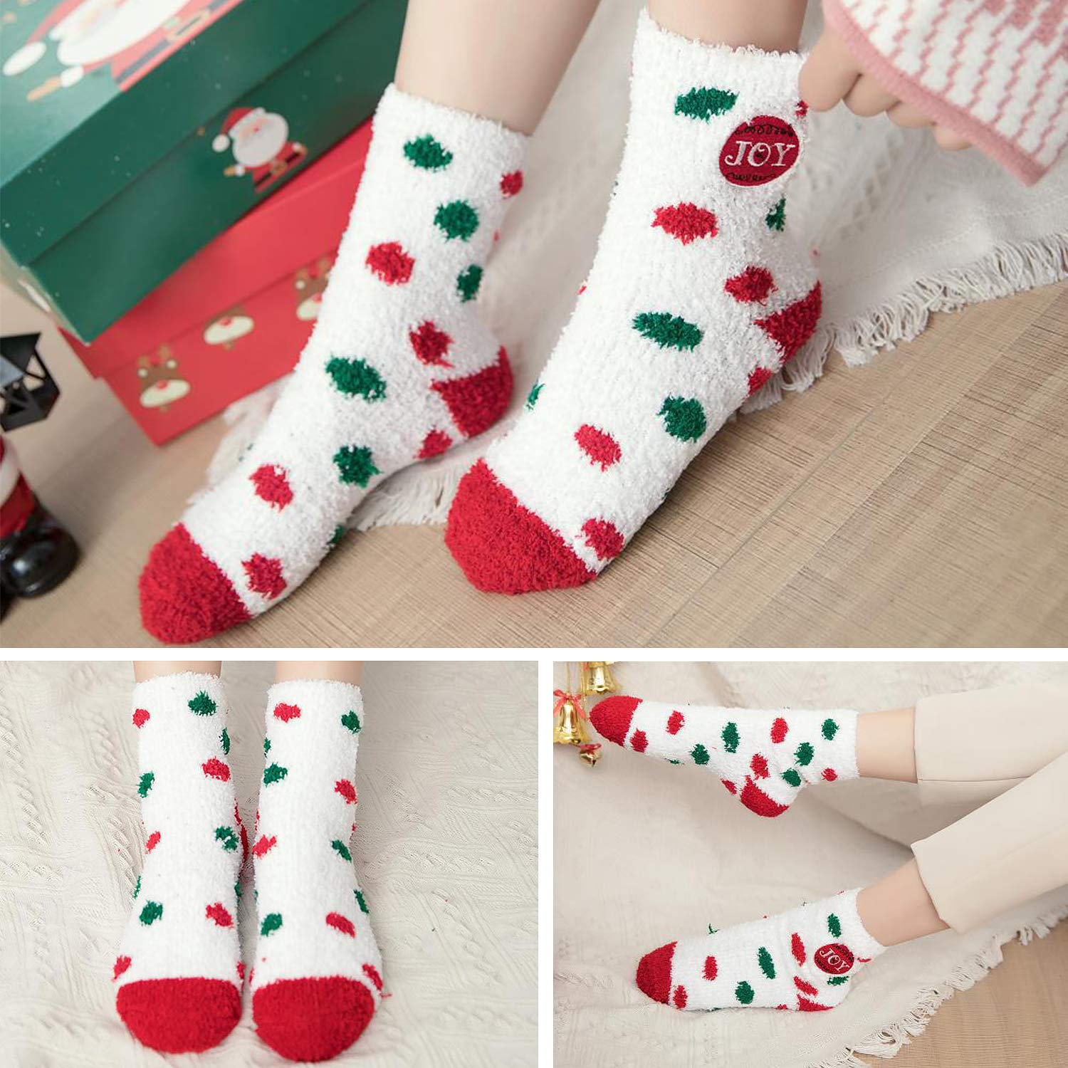 Christmas Fuzzy Socks,Kapmore 6 Pairs Cute Coral Fleece Warm Cozy Socks Holiday Slipper Socks XMAS Fluffy Crew Socks for Women Girls