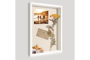 CCDCC 12x16 Large Shadow Box Picture Frame Display Case with Soft Linen Back, White Wooden Memory Shadow Box Frame with Tempered Glass Cover for Wall Display