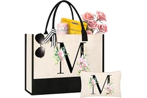 AYGE Personalized Initial Canvas Beach Bag Cosmetic Bags, Monogrammed Gifts for Women, Tote Bag, Makeup Bag, Birthday Gifts for Sister Mom Teacher Bridesmaid (M)