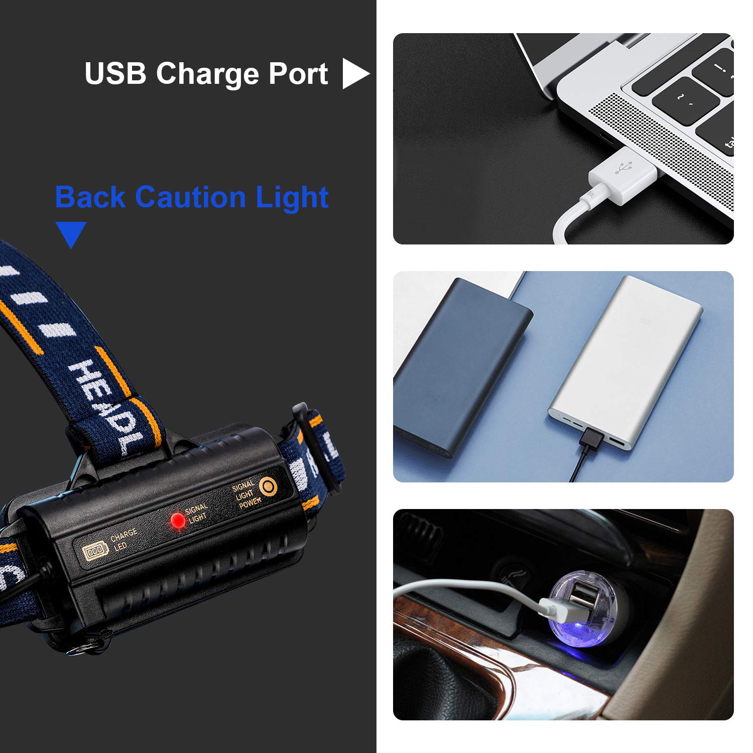 DELXO Head Lamp USB Rechargeable Headlight 8 LED 8 Modes 13000 Lumens Multi Function Waterproof Flashlight with Red Safety Taillight and USB Cable 2 Batteries for Camping,Hiking,Jogging,Fishing