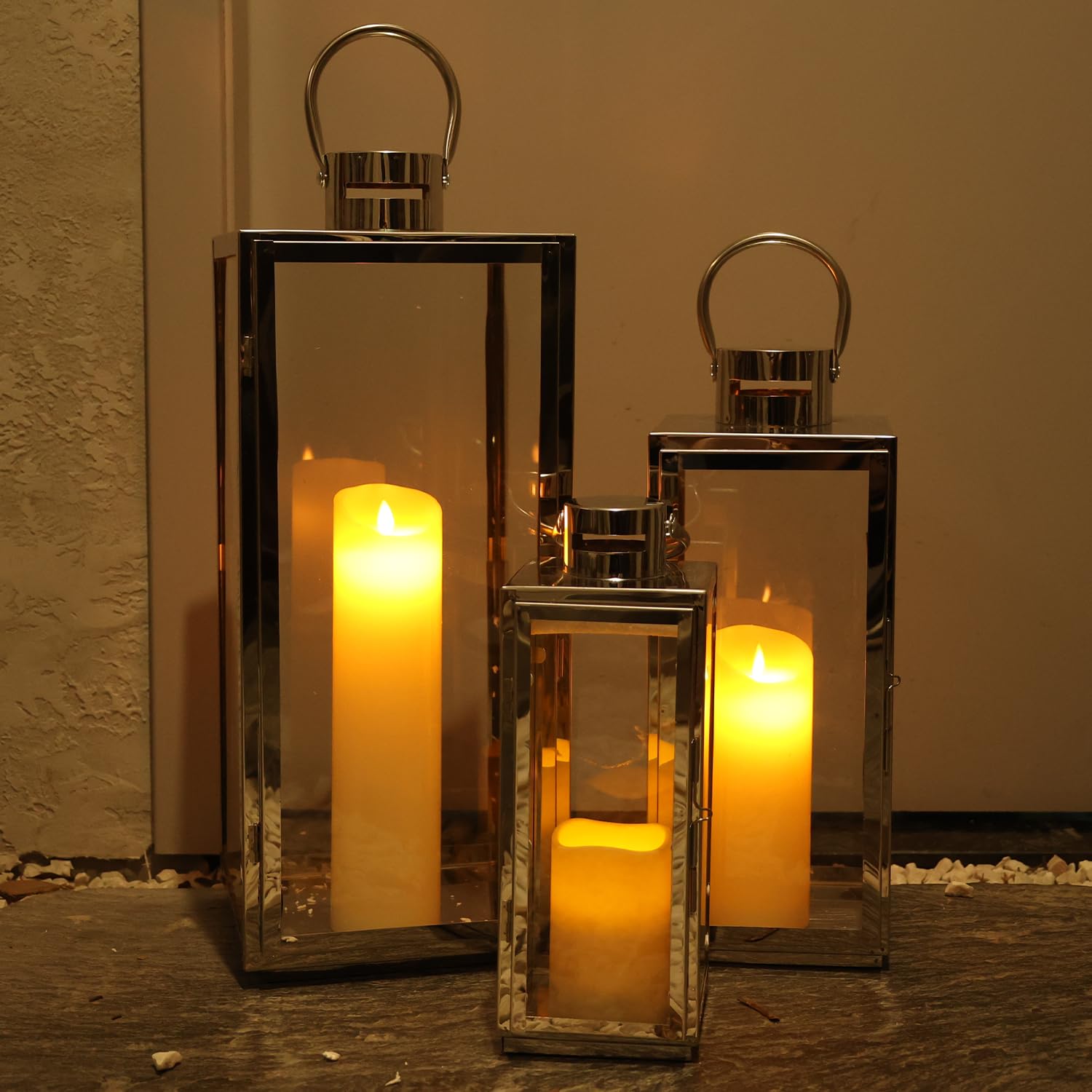 Photo 1 of DECORKEY Stainless Lanterns Decorative Outdoor & Indoor, Set of 3 Outdoor Lanterns for Porch, 25''/19.5''/15''Large Candle Lantern Stainless with Glass, Vintage Farmhouse, Patio, Pathway, Garden, Fall