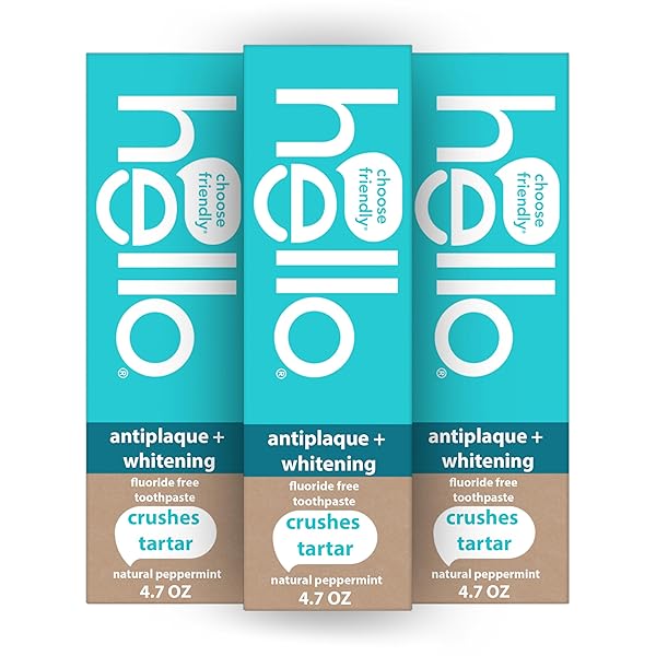 HELLO ANTIPLAQUE TOOTHPASTE, FLUORIDE FREE FOR TEETH WHITENING WITH NATURAL PEPPERMINT FLAVOR AND TEA TREE OIL, PEROXIDE FREE, GLUTEN FREE, SLS FREE, 3 PACK, 4.7 OZ TUBES
