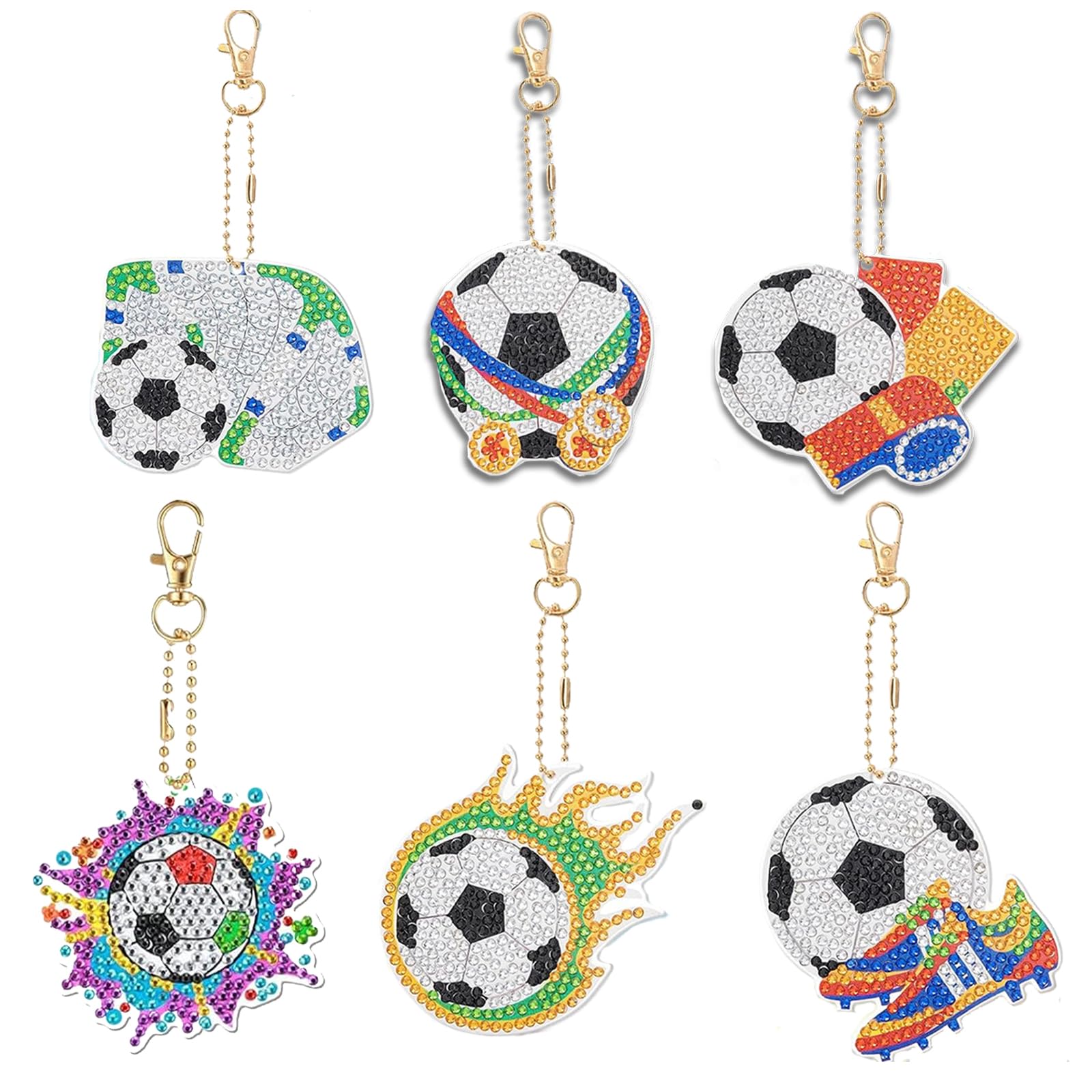 aupawdy 6 Pcs Football Diamond Pasted Painting Keyrings, 5D DIY Diamond Painting Keychain, Diamond Art for Kids, Rhinestone Arts Painting Pendants Keychains for Kids Bags Decor