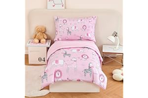 URBONUR 4-Piece Toddler Bedding Set - Ultra Soft Cartoon Pink Zoo Animals Girls Toddler Comforter Set - Include Comforter, Flat Sheet, Fitted Sheet and Reversible Pillowcase, Pink Animal