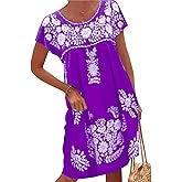 Melliflo Mexican Dress for Women Short Sleeve Floral Embroidered Fiesta Dress Loose Linen Peasant Dresses