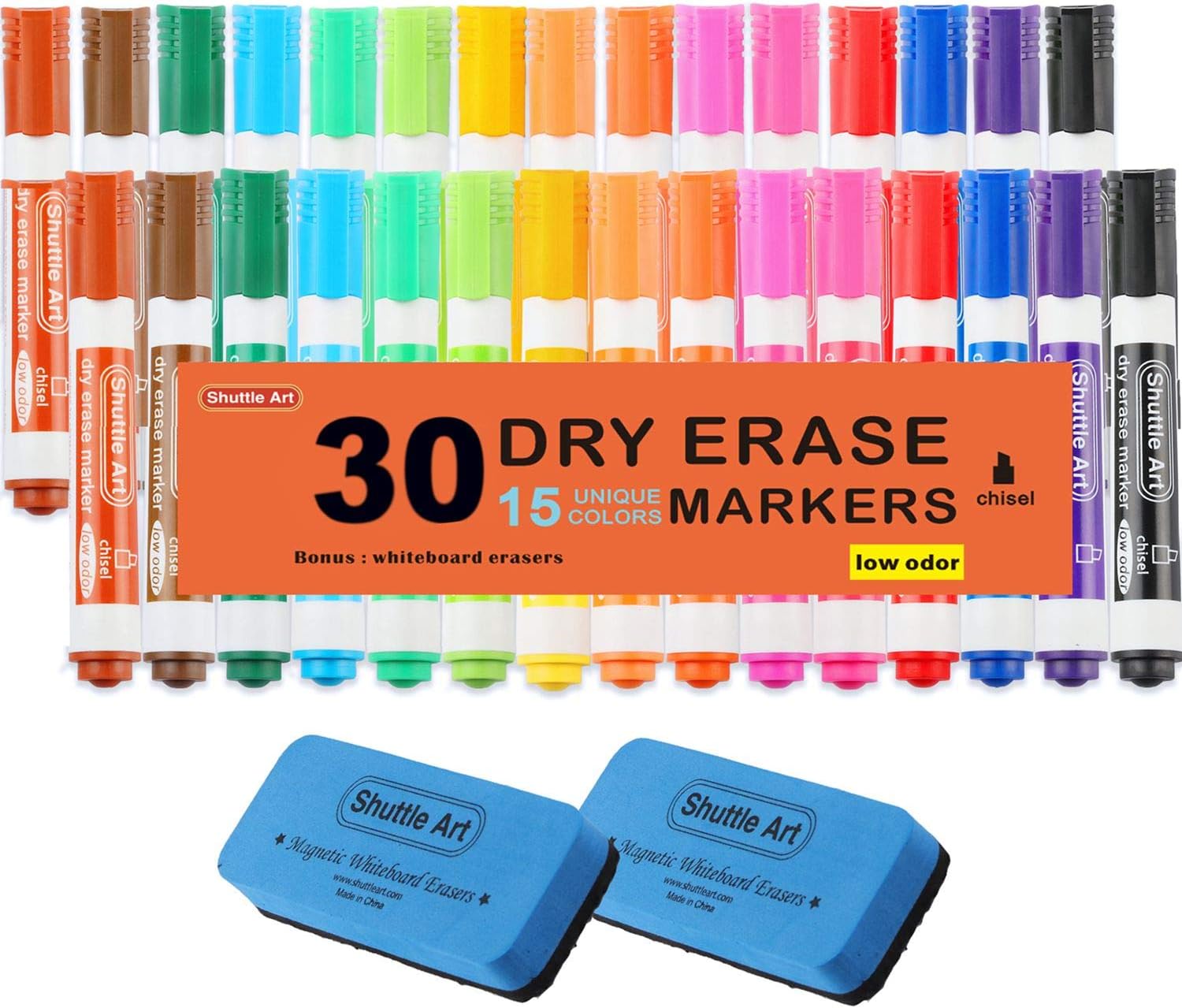 Dry Erase Markers with Eraser, 30 Pack Shuttle Art 15 Colours White