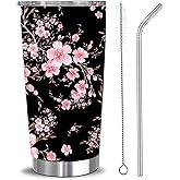 RNFENQS Sakura Travel Tumbler Cup 20 OZ, Stainless Steel Insulated Vacuum Cherry Blossom Coffee Mug With Lid and Straw for Men Women