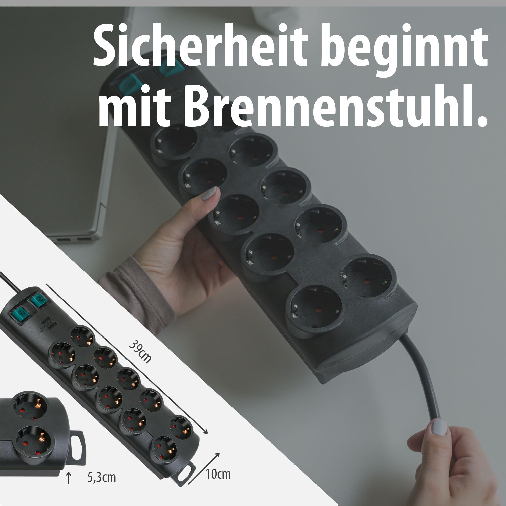 Brennenstuhl Primera-Line Steckdosenleiste 10-Fach (Mehrfachsteckdose mit 2 Schaltern für je 5 Steckdosen und 2m Kabel) schwarz 7