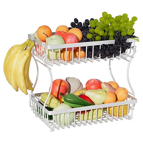 Nbwxcwbs Fruit Basket,2-Tier Fruit Bowl with Banana Hanger,Kitchen Storage Countertop Rack,Fruit Metal Bowls Perfect for Holding Fruit,Vegetables,Snacks(White)