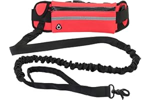 Hands Free Dog Leash with Zipper Pouch for Walking Running Hiking, Waist Leash with Bungee, Adjustable Belt, Reflective Doubl