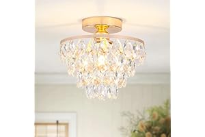 Luupyia Gold Crystal Chandelier Small, Mini Ceiling Light Modern Flush Mount Crystal Chandelier Hallway Overhead Light Fixtures Ceiling for Hallway Bedroom Hall Living Room E26