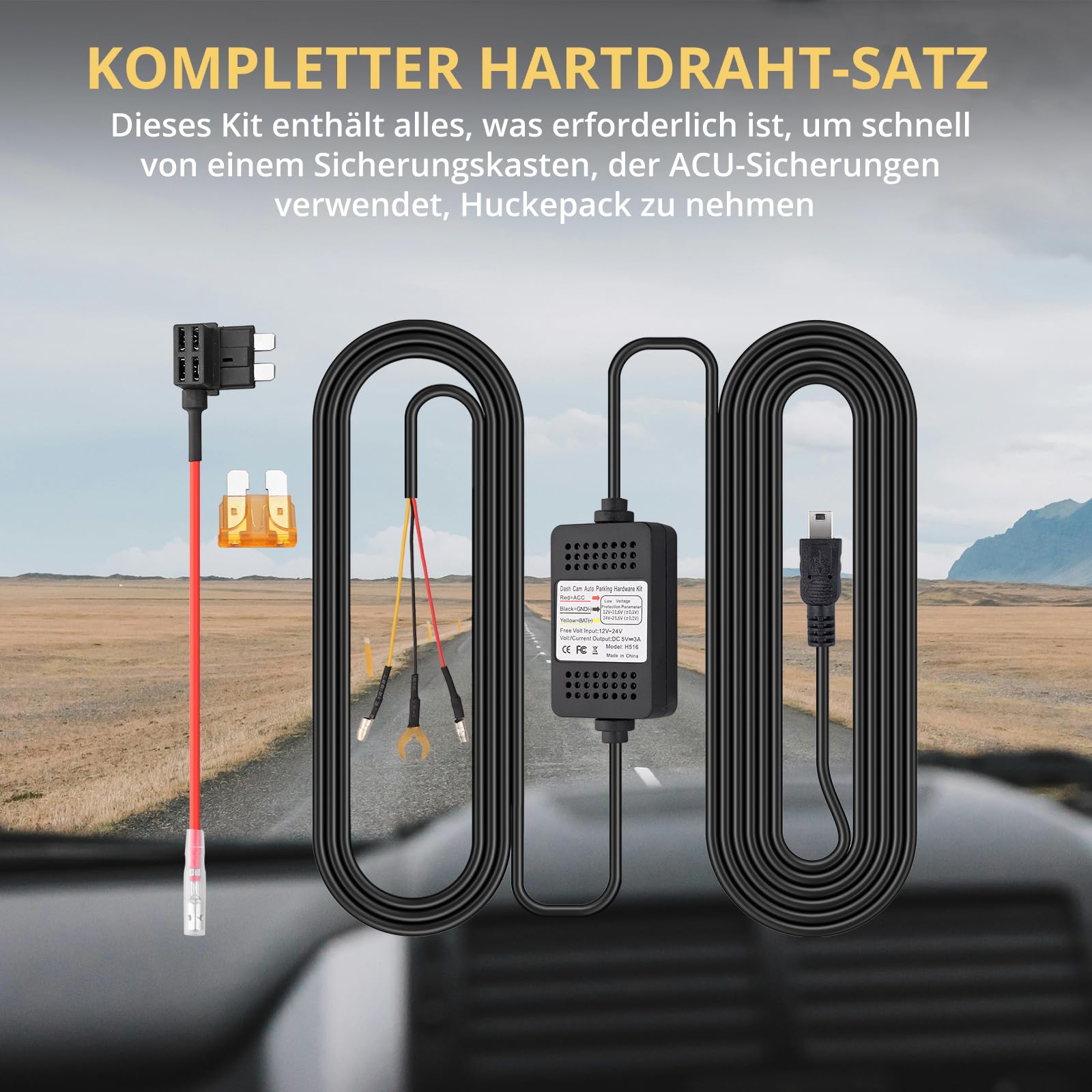 Hardwire Kit Harter Draht Satz für Autokamera Dashcam 11.5ft 12V 24V zu 5V 7
