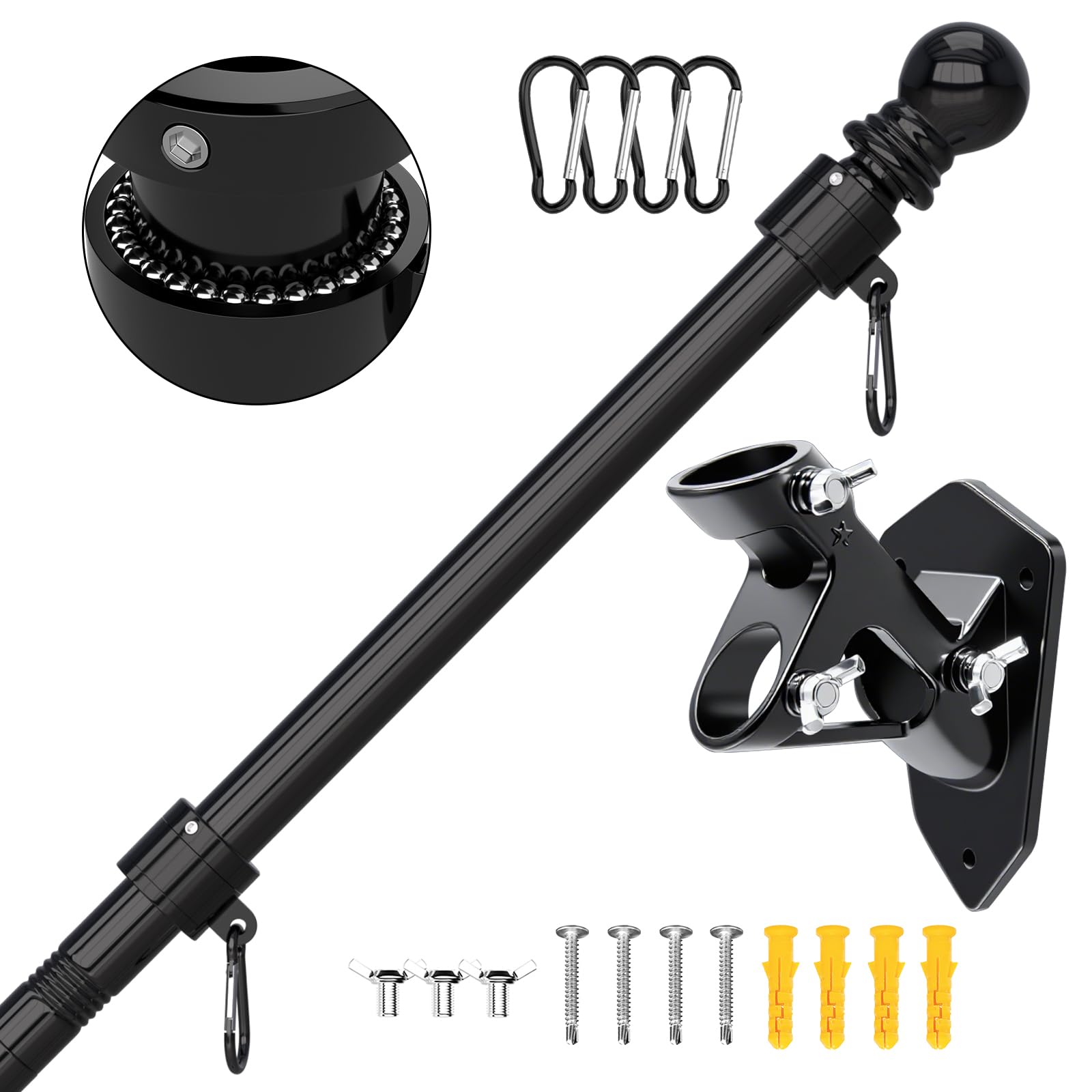 FIASON 5FT(1.5m) Wall Mounted Flag Pole with Bracket, Stainless Steel Flag Pole Kit with Holder, Tangle Free Flagpole for House Outdoor Commercial(Without Flag, Black)