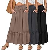 Ficerd 3 Pack Women's Boho Maxi Skirts, Long Tiered Skirt Flowy Ruffle High Waist Drawsting Casual Dress with Pockets