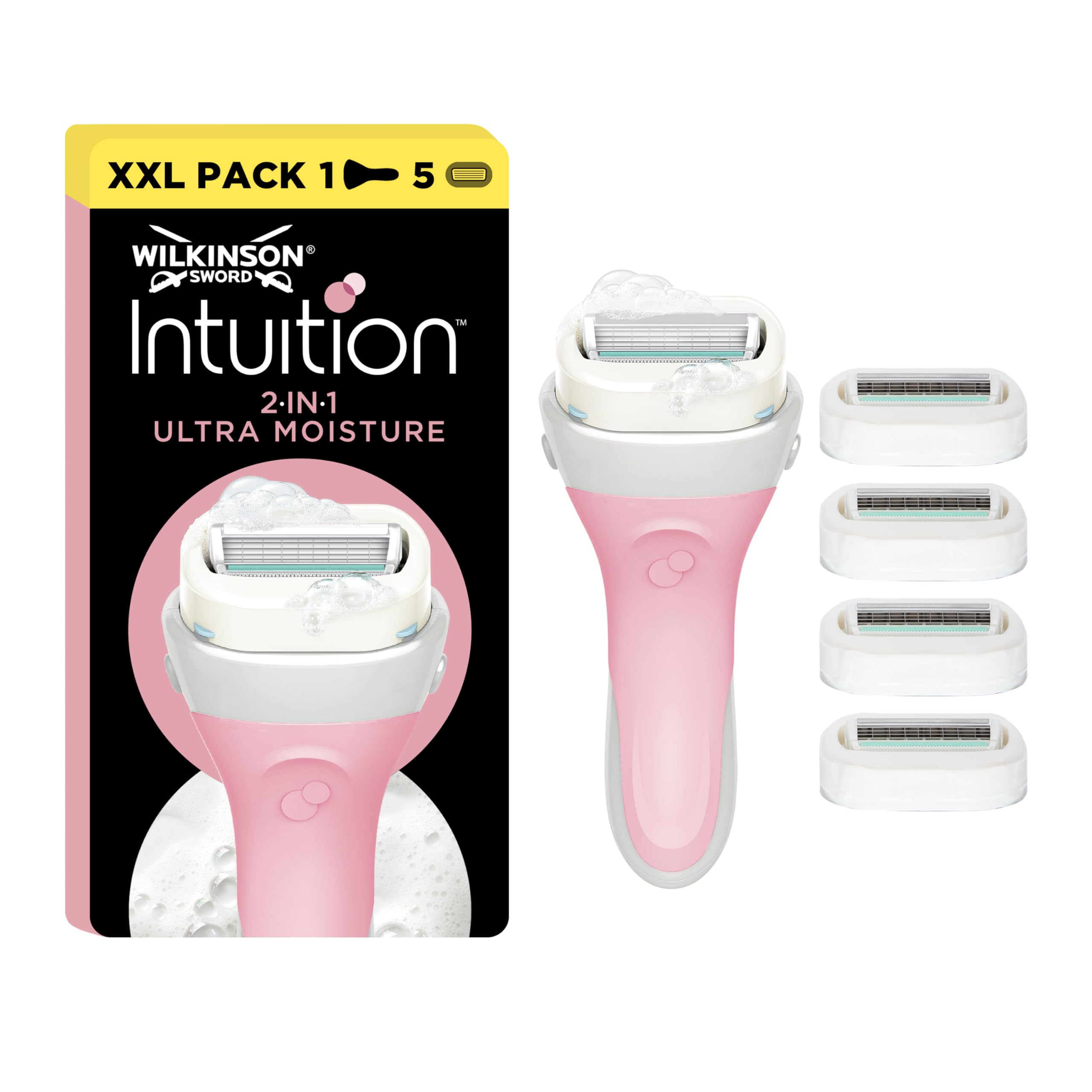 Wilkinson Sword Intuition 2-in-1 Ultra Moisture Women’s Razor, Hair Removal, Touch of Shea Butter, Shavers for Routine Grooming, 1 Reusable Handle and 5 Refill Razor Blades , Packaging May Vary
