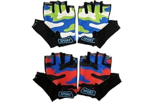 PLUSMORE 2PCs Kids Fingerless Cycling Gloves Boys Girls Bike Sport Mittens 4 5 6 7 8 9 Years Old Camo Short Gloves Children