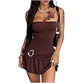 SHENHE Women's Y2k Strapless Mini Dress Ruffle Flare Ruched Tube Dress Western Country Concert Outfits