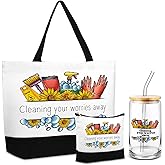Vesici 3 Pcs School Counselor Appreciation Gifts Tote Bag Cosmetic Bag Glass Cup with Lid Straw for Women Employee Coworker