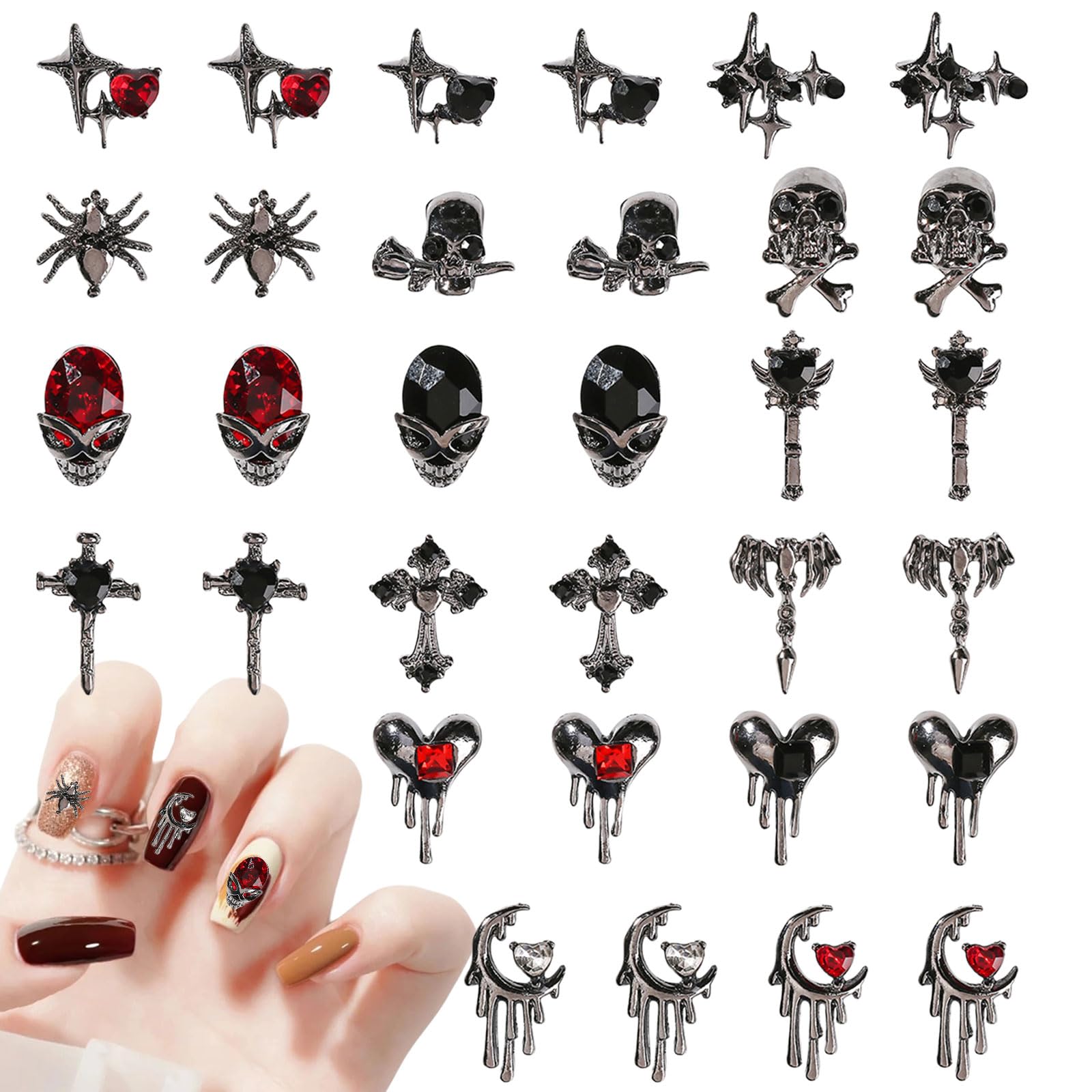 Symphonyw Halloween Nail Charms, 32 Pcs Multi-Shaped Metal Alloy & Rhinestone Nail Decorations (Multi-Colored)