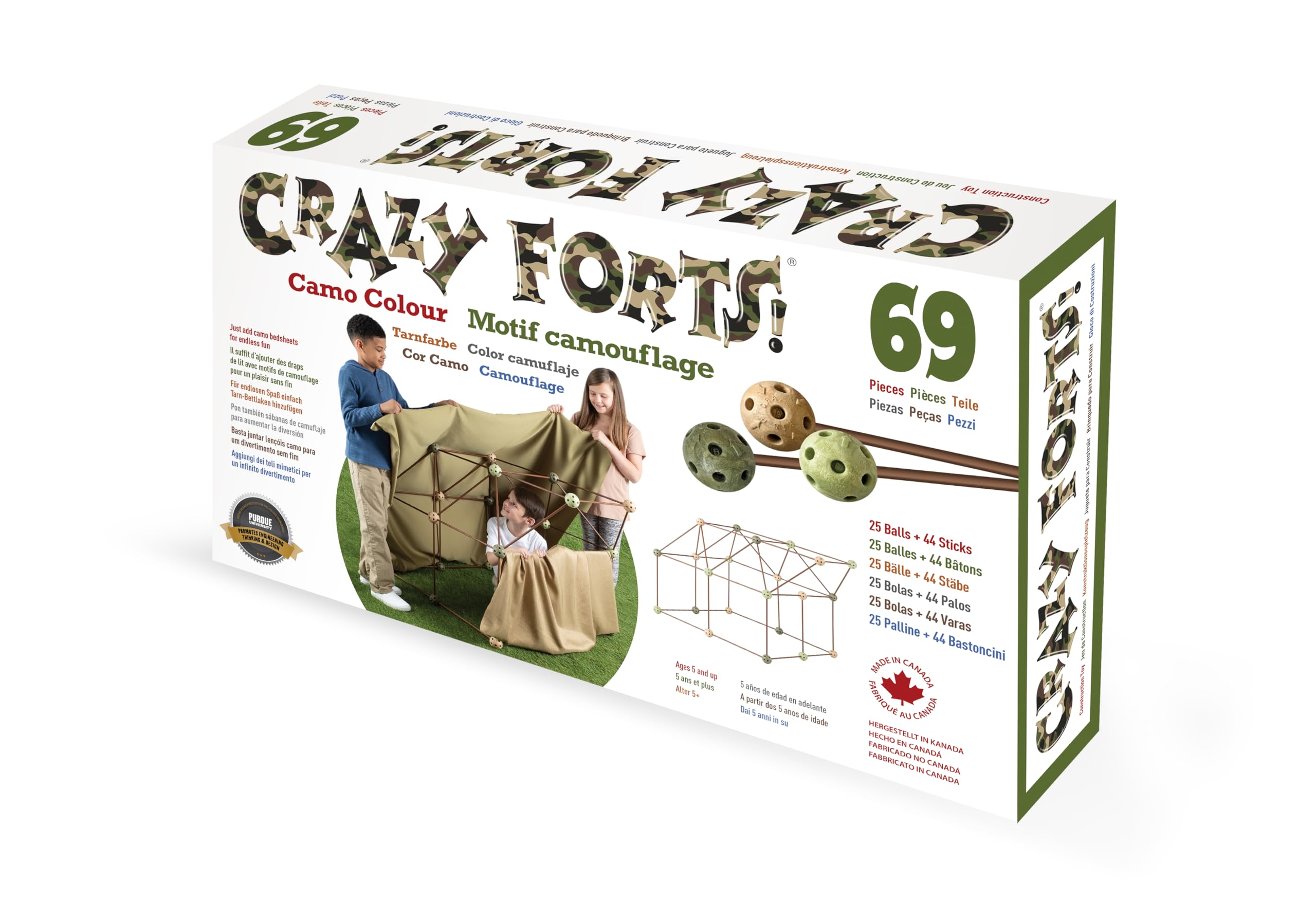 Crazy Forts Camo - Building Kit for Kids 5-12 - Indoor Creative Fort Building STEM Toys - 69 Pcs, 69 Camo Plastic Balls, 25 Sturdy Sticks