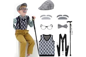 Aimeiar Kids 100 Days of School Costume for Boys - Halloween Old Man Costume Hat Glasses and Grandpa Vest Set for Child